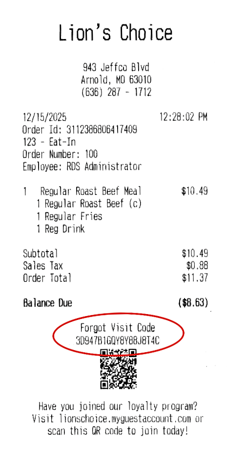image of a receipt from Lion's Choice with an area with a QR code circled in red